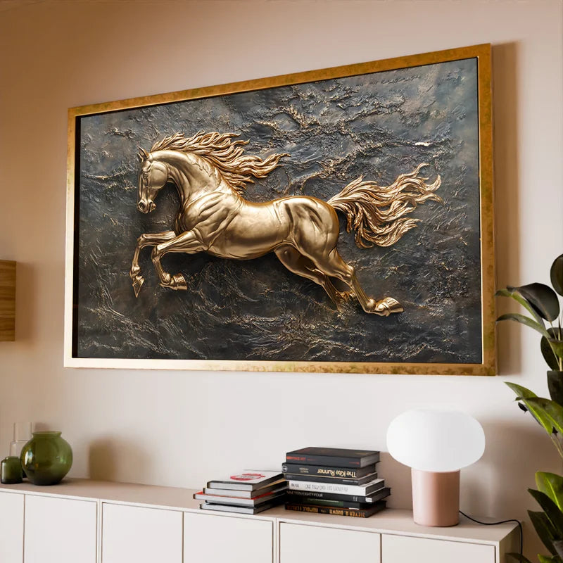 Quadro Decorativo Cavalo Dourado no Ferro
