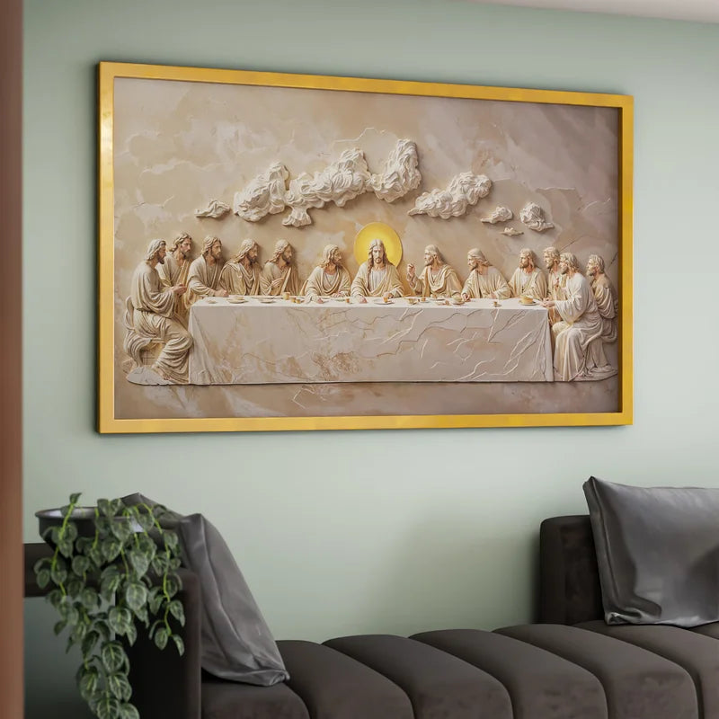 Quadro Decorativo Santa Ceia Entalhado no Mármore Escuro