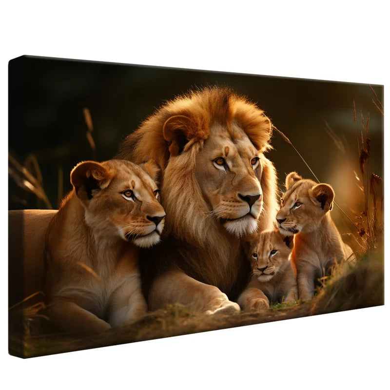 Quadro Decorativo Família de Leões com 2 filhotes