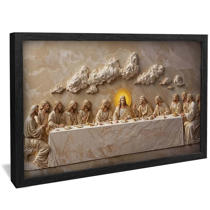 Quadro Decorativo Santa Ceia Entalhado no Mármore Escuro
