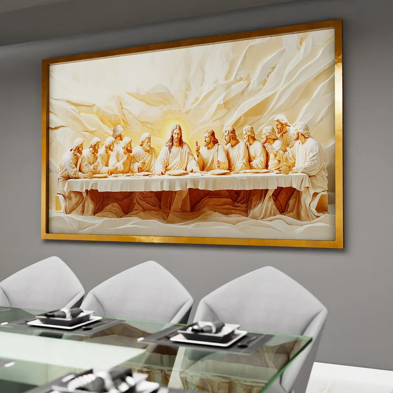 Quadro Decorativo Santa Ceia Entalhado no Mármore Branco