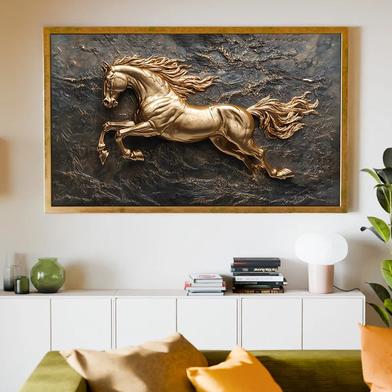 Quadro Decorativo Cavalo Dourado no Ferro