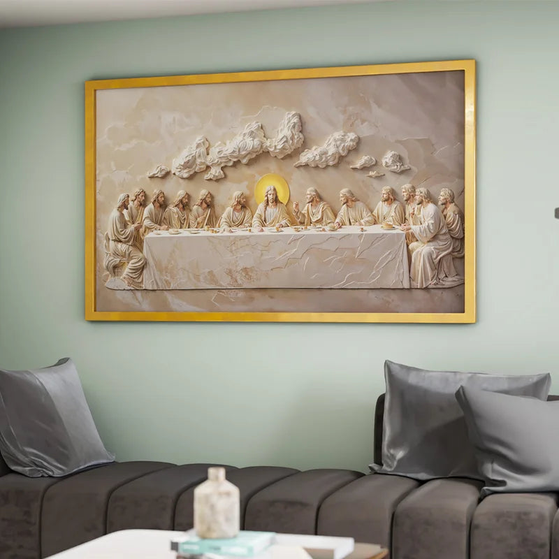 Quadro Decorativo Santa Ceia Entalhado no Mármore Escuro