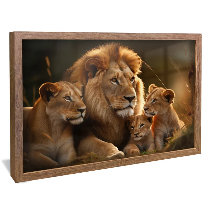 Quadro Decorativo Família de Leões com 2 filhotes
