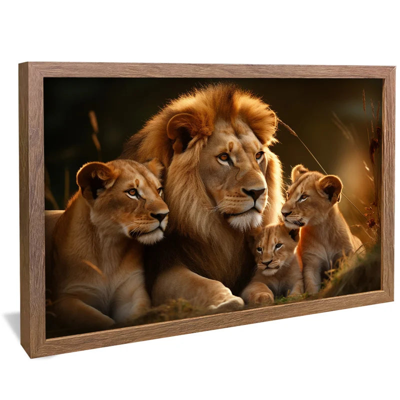 Quadro Decorativo Família de Leões com 2 filhotes